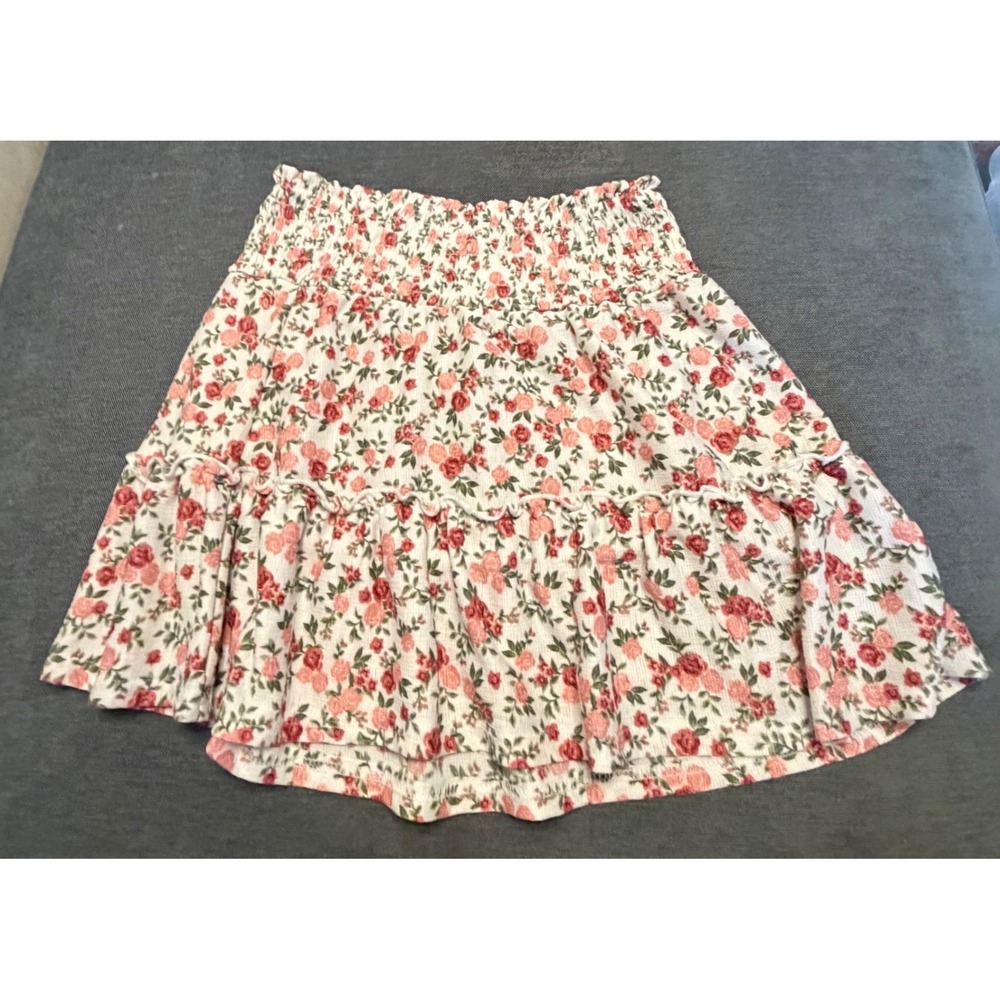 Jolie‎ & Joy Floral Smocked Mini Skirt Large Pink Rose Tiered Ruffle Cottagecore